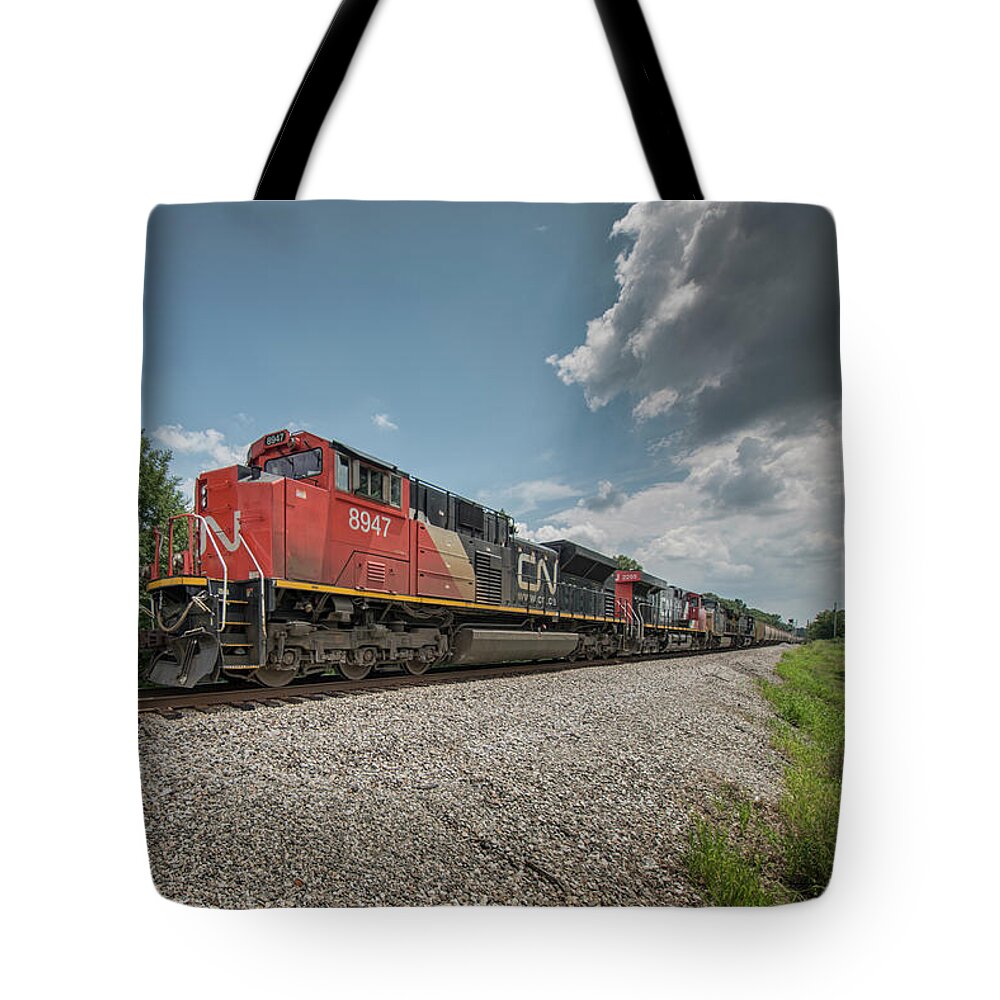 Railroad Tote Bag featuring the photograph Canadian National 8947 and 2255 by Jim Pearson