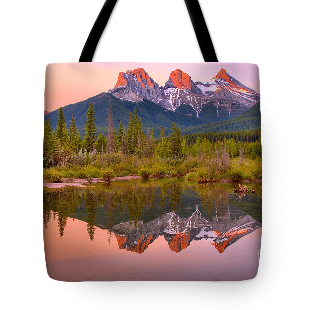 Three Sisters Tote Bag featuring the photograph Canmore Morning Pastels by Adam Jewell