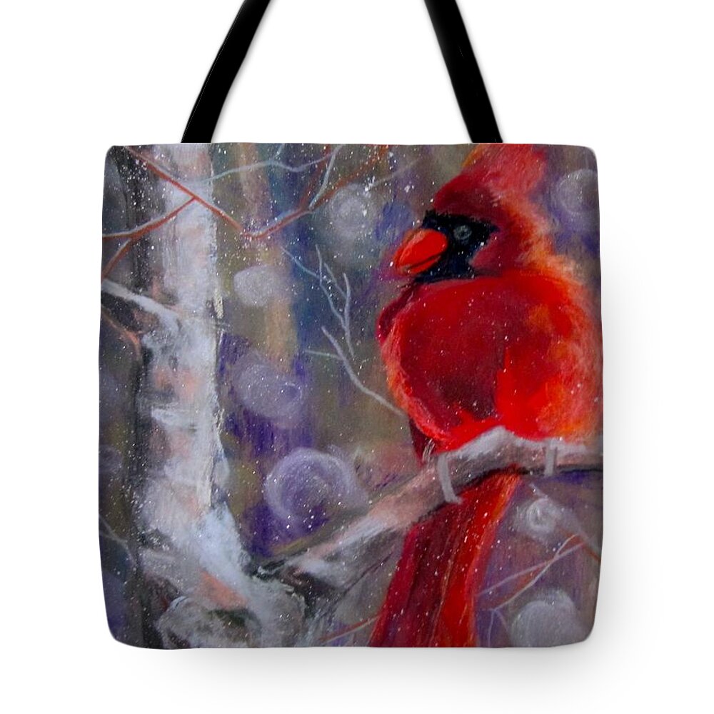 Bird Tote Bag featuring the pastel Cardinal in the snow by Barbara O'Toole