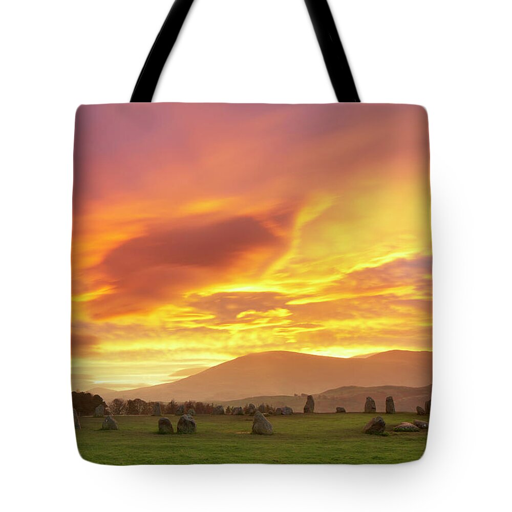 Prehistoric Era Tote Bag featuring the photograph Castlerigg Stone Circle At Sunrise by Doug Chinnery