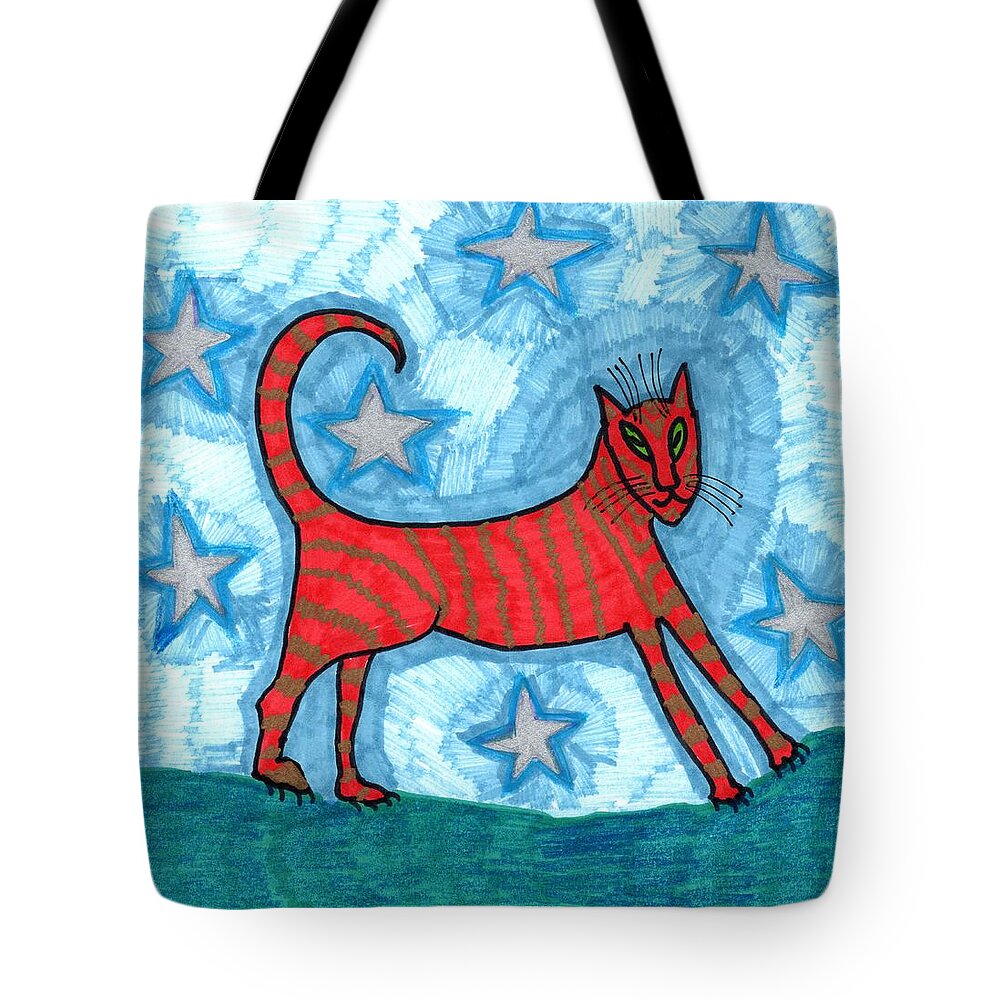 Cat Tote Bag featuring the drawing Cat by Starlight by Sushila Burgess