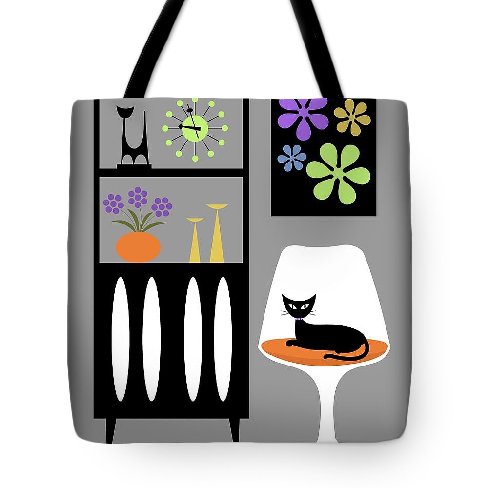 Retro Tote Bag featuring the digital art Cat in Gray Room by Donna Mibus