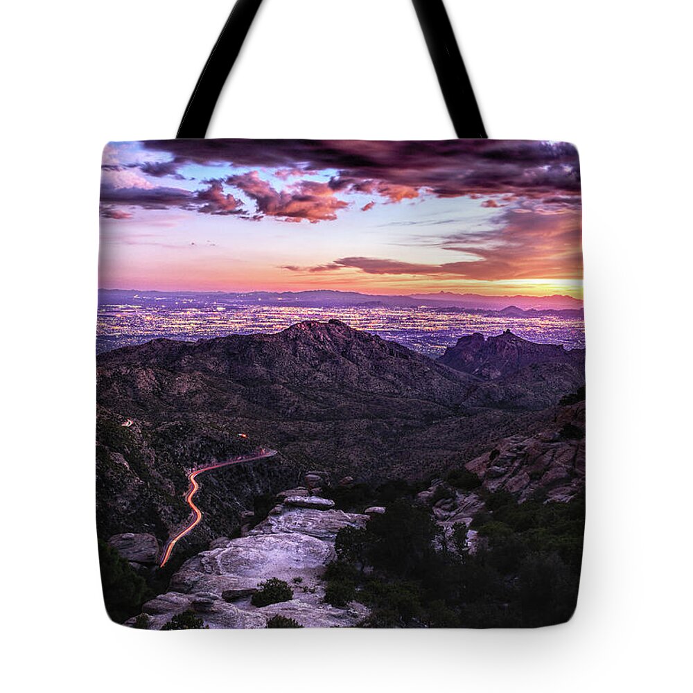 Tucson Tote Bag featuring the photograph Catalina Highway Sunset and Tucson City Lights by Chance Kafka