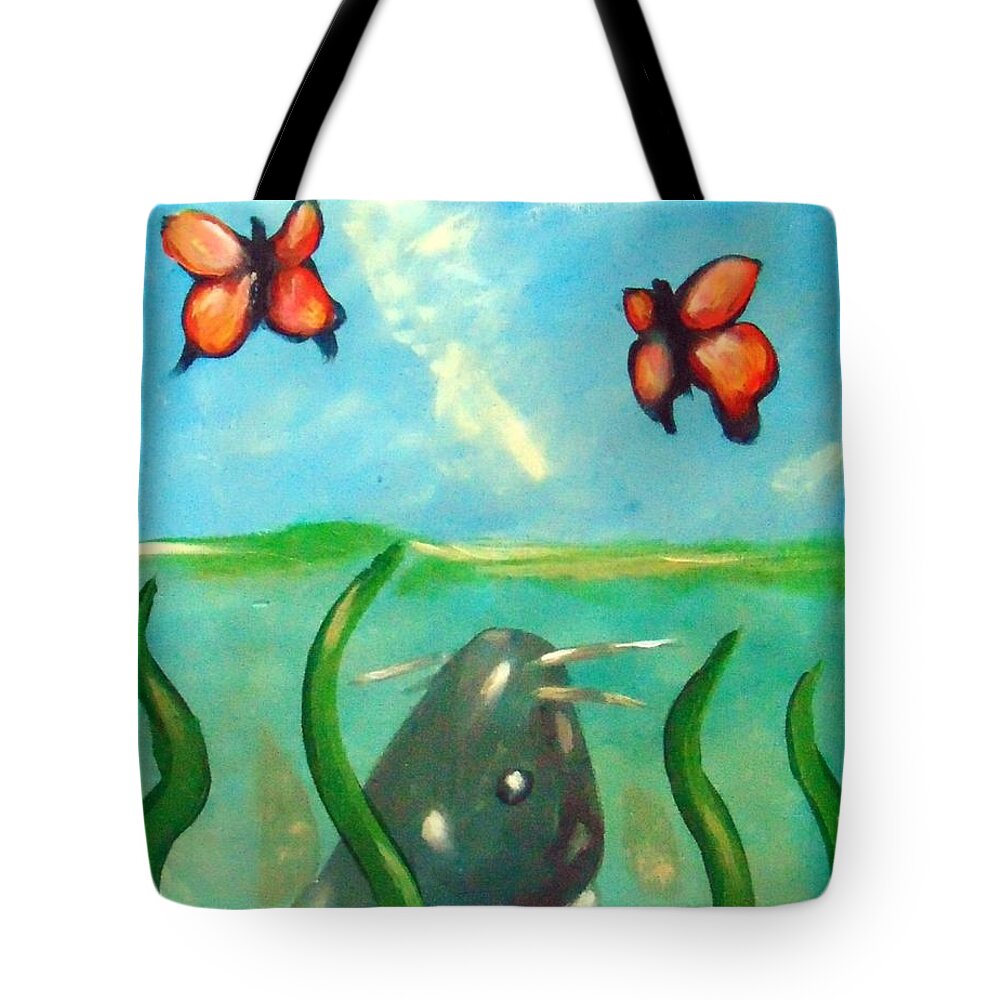 Catfish Tote Bag featuring the painting Catfish butterflies by Loretta Nash