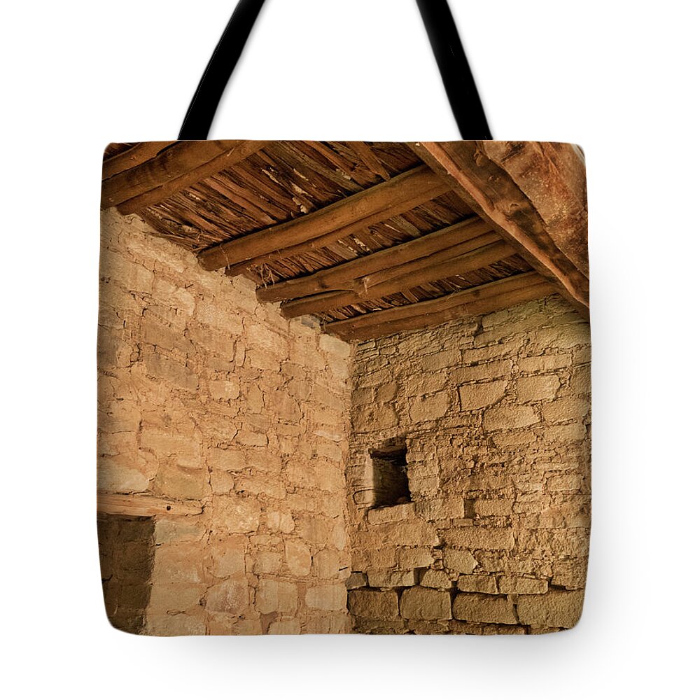 Pueblo Cultures Tote Bag featuring the photograph Ceiling timbers, Aztec Ruin, NM by Segura Shaw Photography
