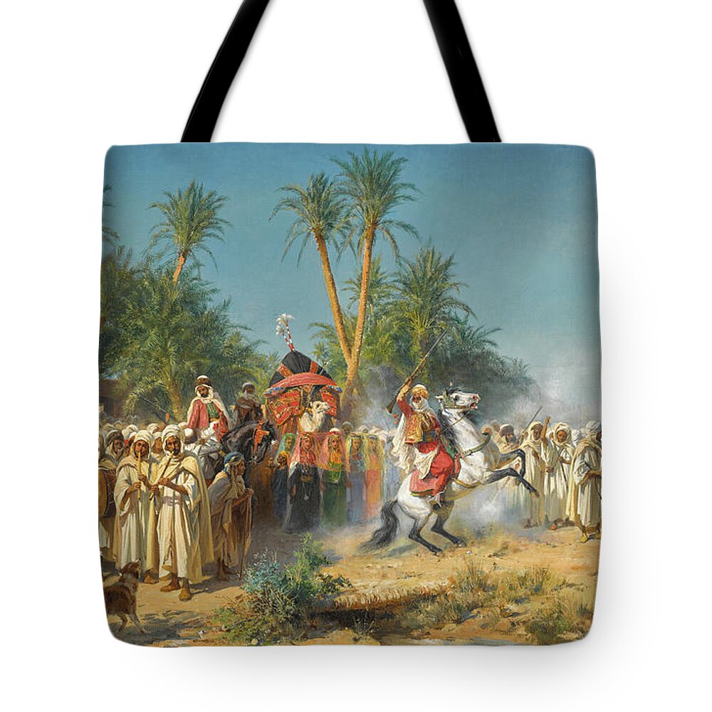 Eugene Girardet Tote Bag featuring the painting Celebration in Biskra, 1879 by Eugene Girardet