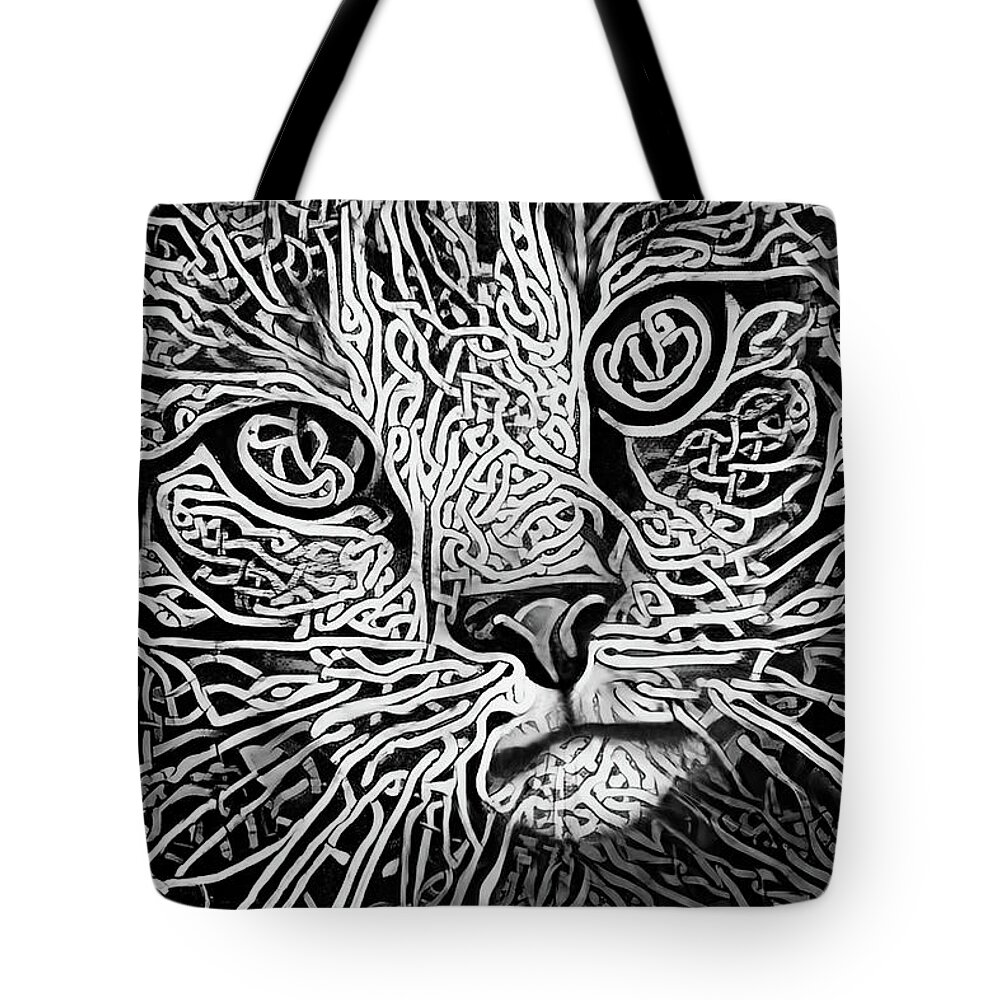 Celtic Cat Tote Bag featuring the digital art Celtic Knot Tabby Cat - Black and White Version by Peggy Collins