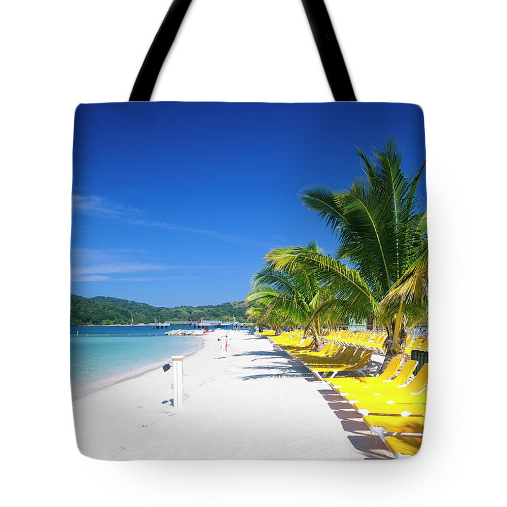 Bay Islands Tote Bag featuring the photograph Chairs Waiting On Beach by Dstephens