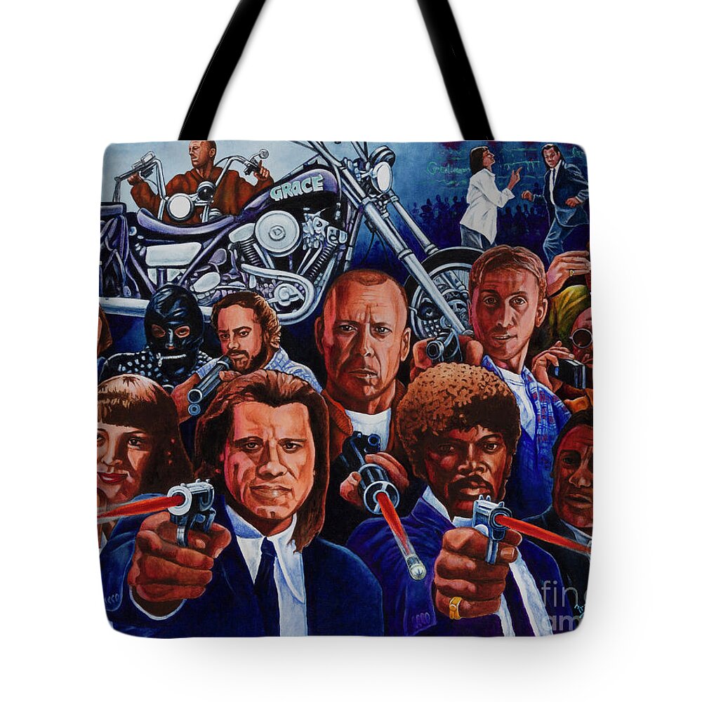 Pulp Fiction Tote Bag featuring the painting Characters of Pulp Fiction by Michael Frank