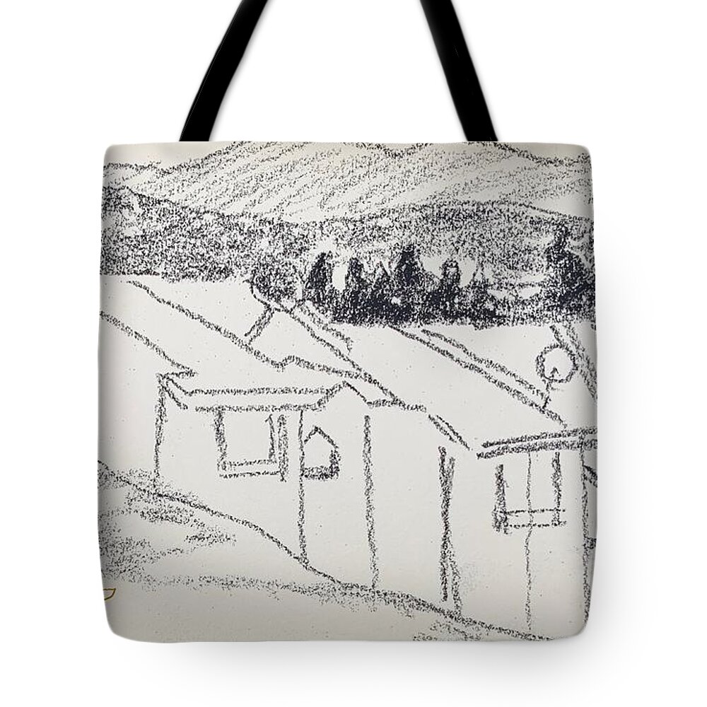 Pencil Tote Bag featuring the drawing Charcoal Pencil Houses1.jpg by Suzanne Giuriati Cerny