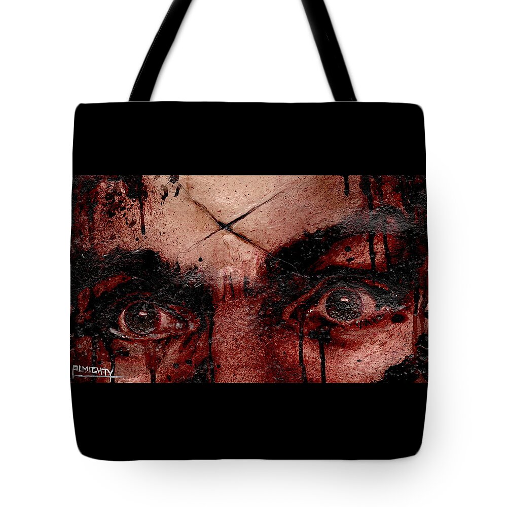 Ryan Almighty Tote Bag featuring the painting CHARLES MANSONS EYES dry blood by Ryan Almighty