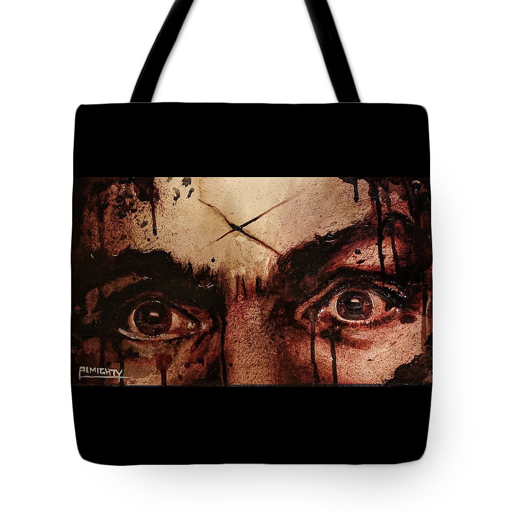 Ryan Almighty Tote Bag featuring the painting CHARLES MANSONS EYES fresh blood by Ryan Almighty
