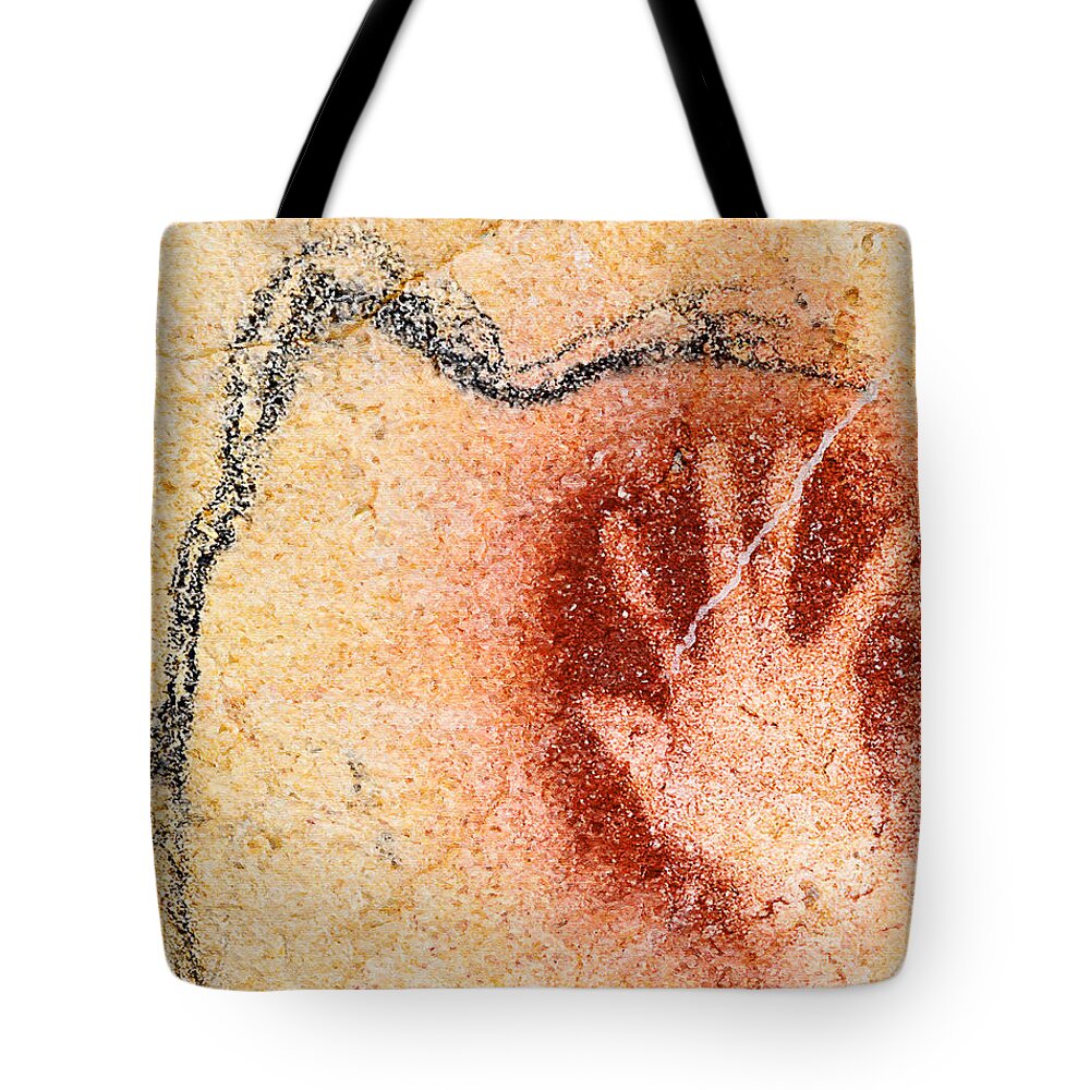 Chauvet Tote Bag featuring the digital art Chauvet Red Hand and Mammoth by Weston Westmoreland