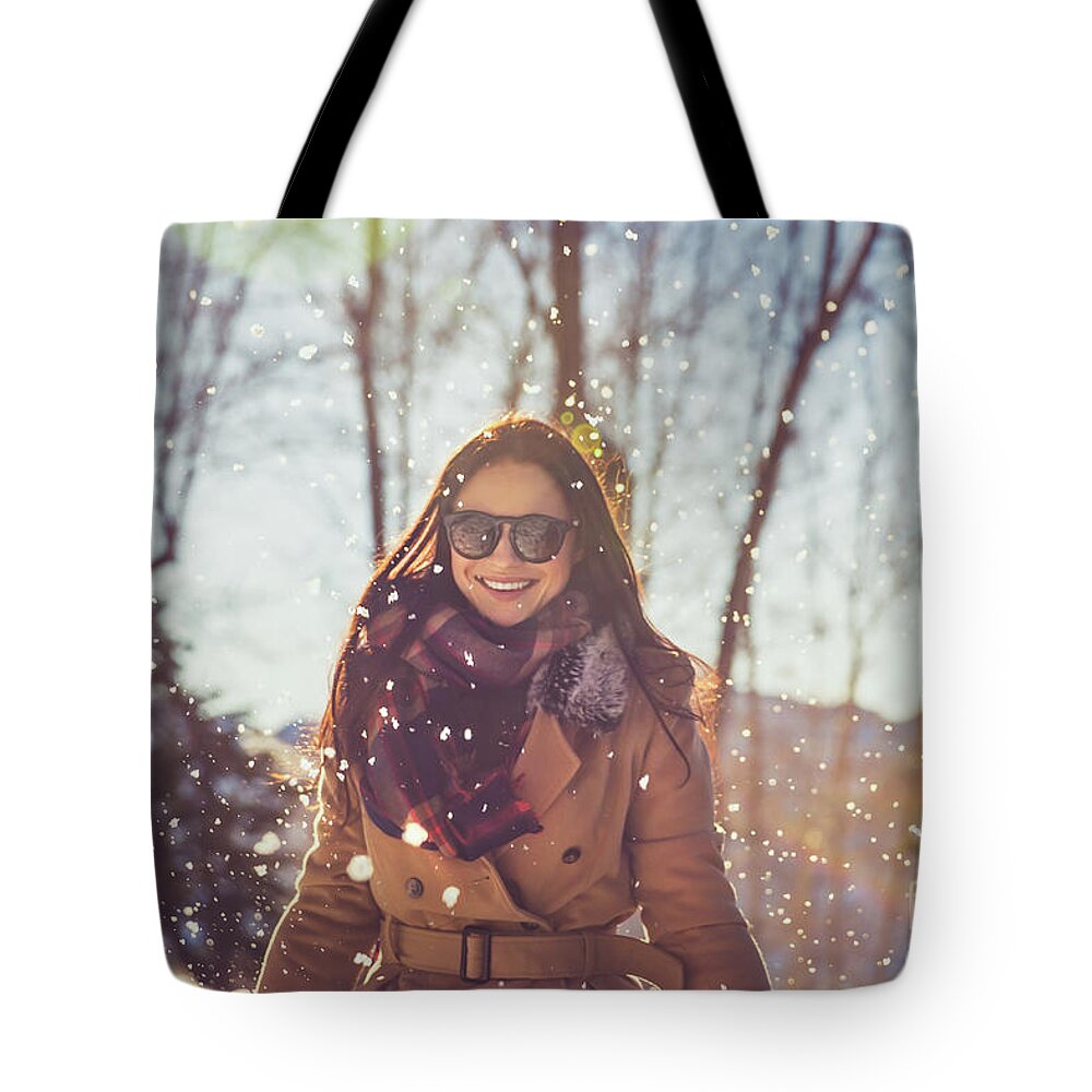 Active Tote Bag featuring the photograph Cheerful female enjoying winter by Anna Om