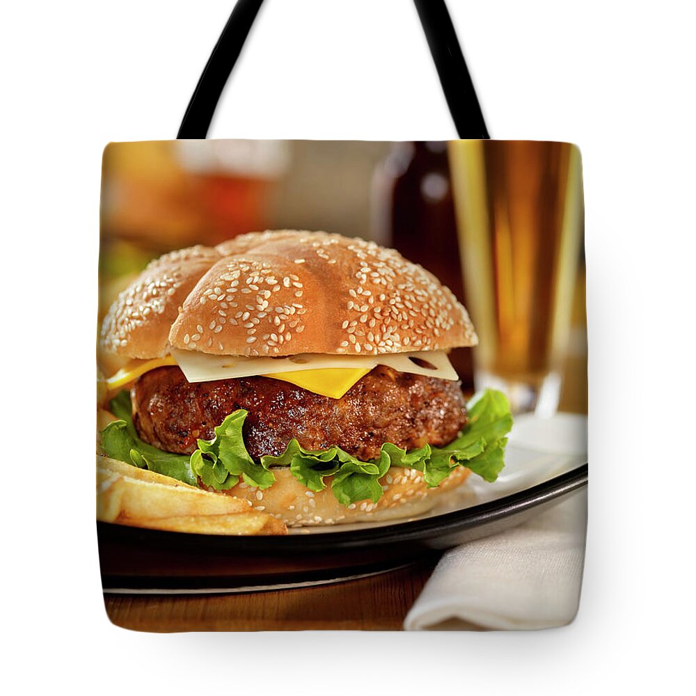 Pub Food Tote Bag featuring the photograph Cheeseburger With Fries And A Beer by Lauripatterson