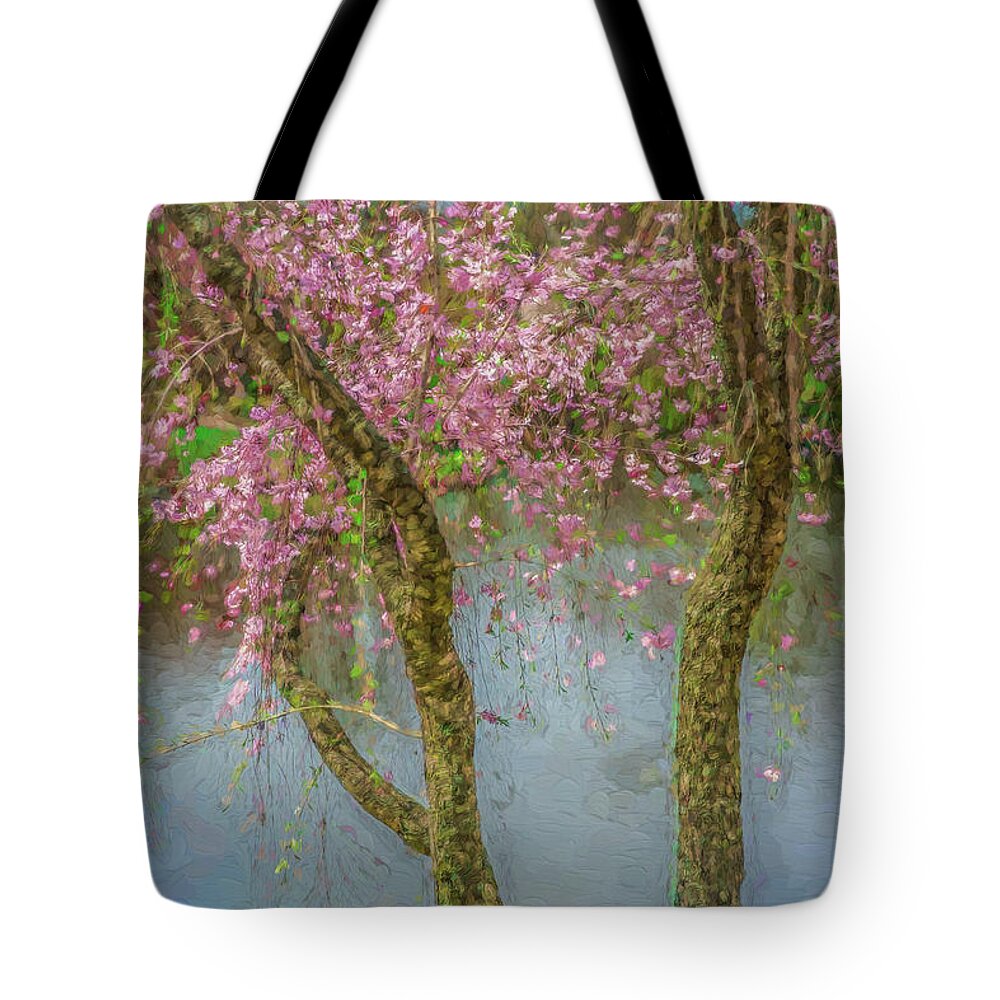 Landscape Tote Bag featuring the photograph Cherry Trees Blue Water by Kevin Lane