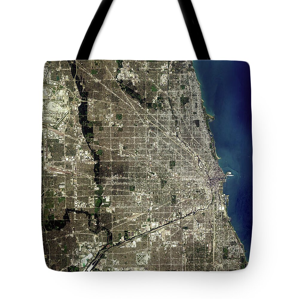 Satellite Image Tote Bag featuring the digital art Chicago from space by Christian Pauschert