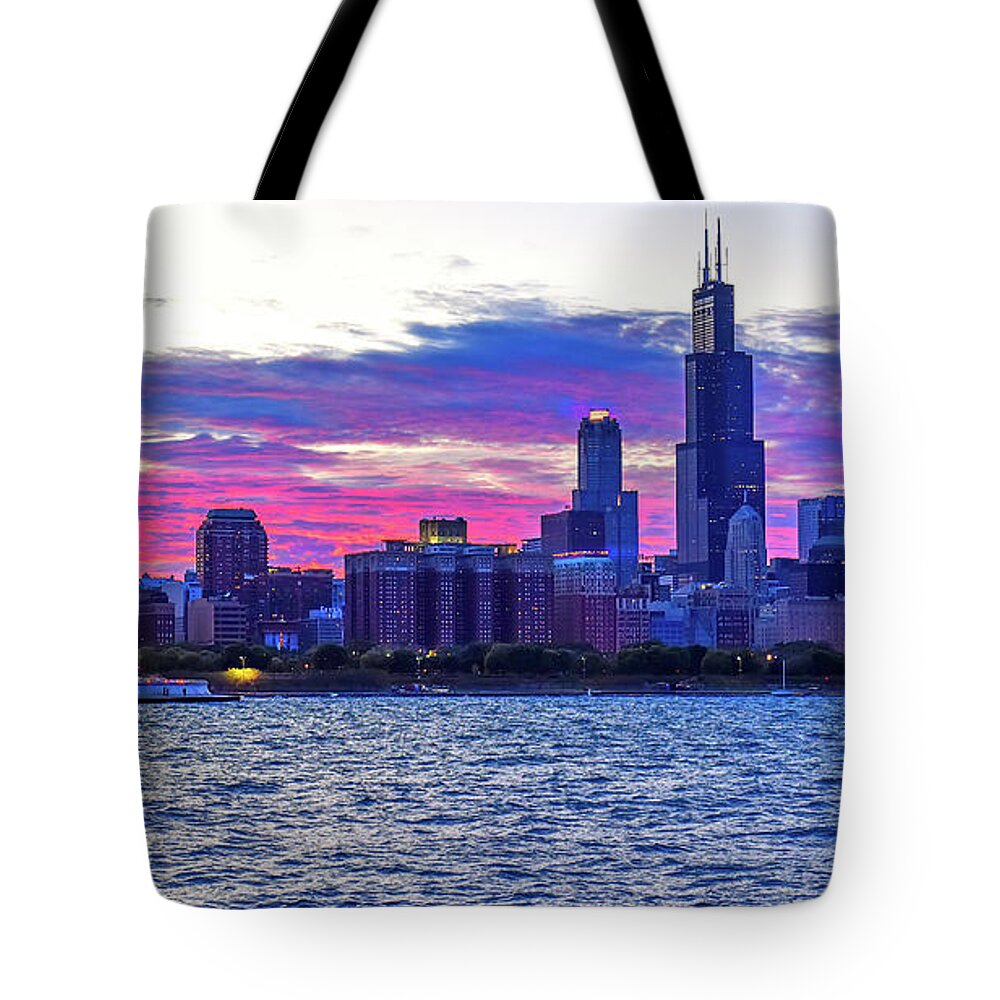 Chicago Tote Bag featuring the photograph Chicago Skyline Sunset by Mitchell R Grosky