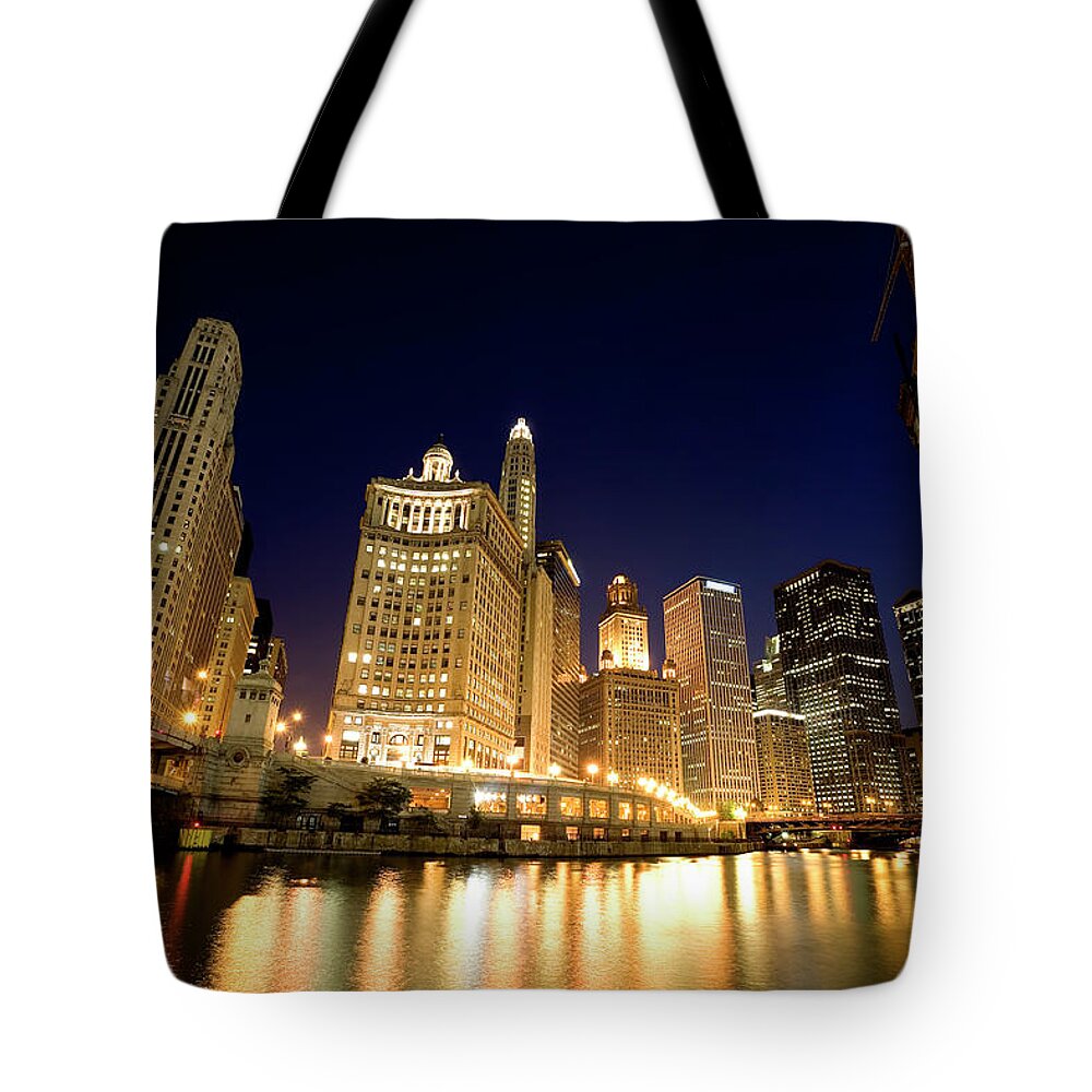 Downtown District Tote Bag featuring the photograph Chigago River At Night by Stevegeer