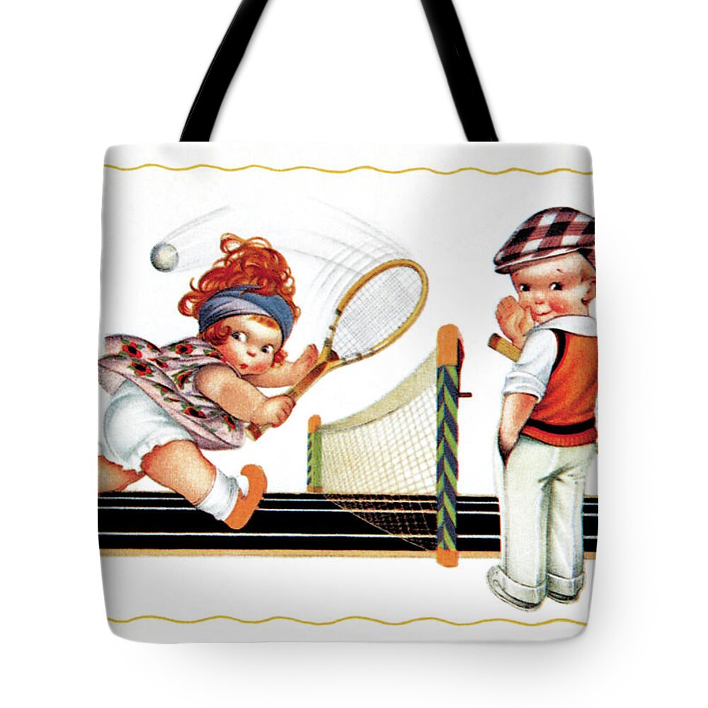 Racquet Tote Bag featuring the painting Children Playing Tennis by Unknown