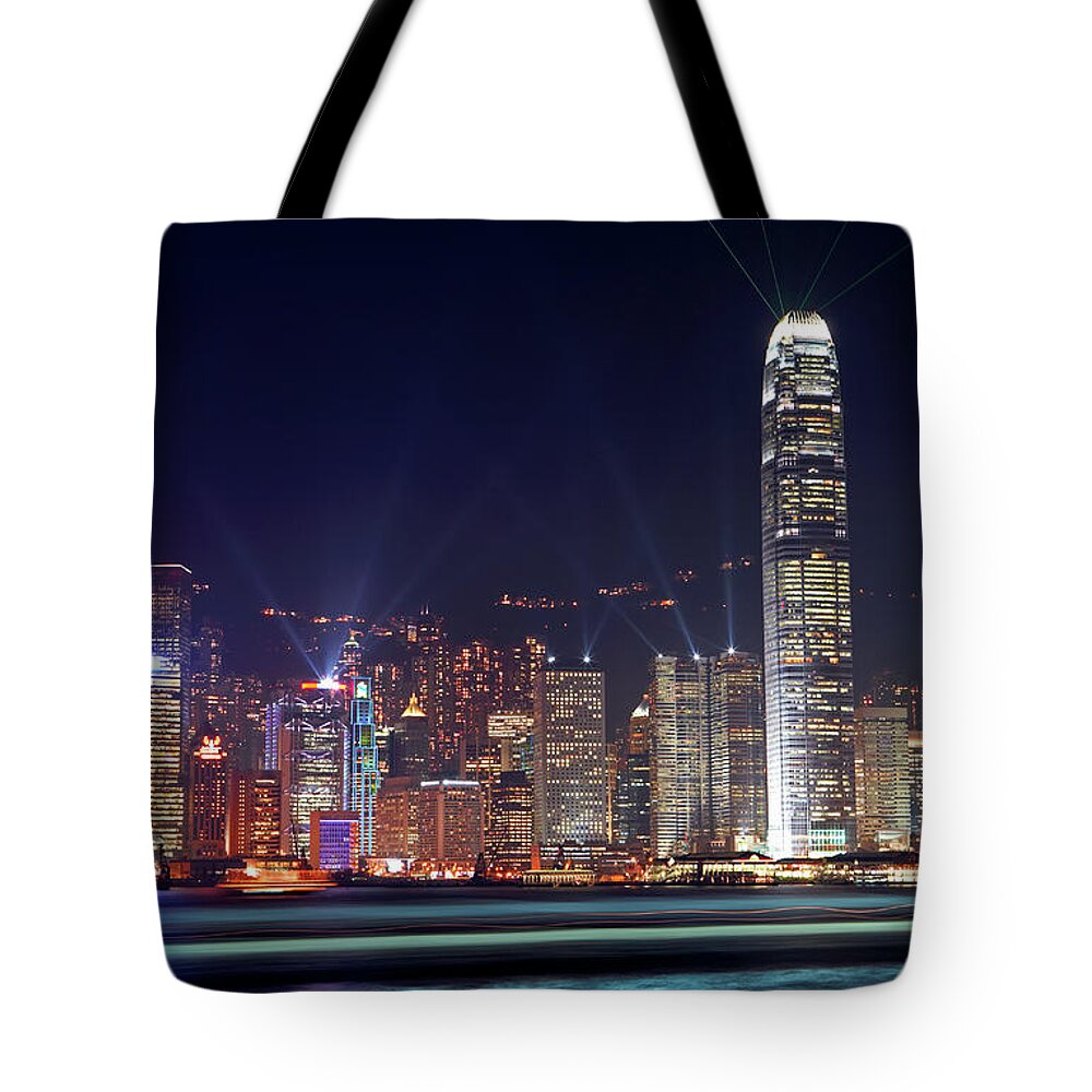 Chinese Culture Tote Bag featuring the photograph China, Hong Kong, Skyline At Night by Allan Baxter