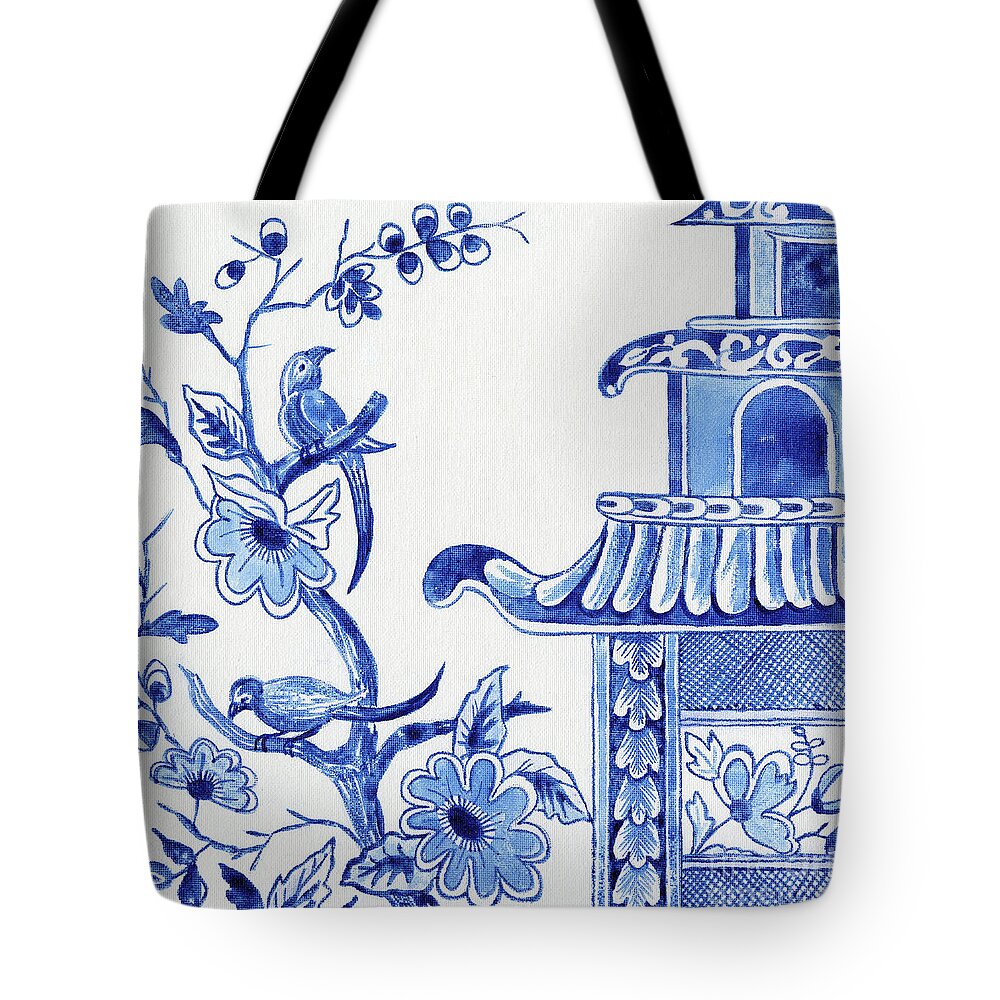 Chinoiserie Tote Bag featuring the painting Chinoiserie Blue and White Birds in Flowering Tree and Pagoda by Audrey Jeanne Roberts