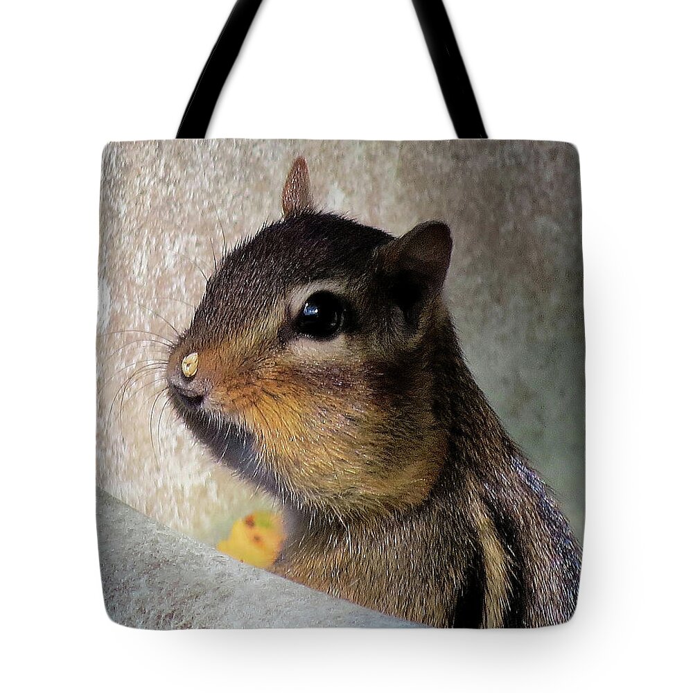 Chipmunk Tote Bag featuring the photograph Chipmunk Caught in the Act by Linda Stern