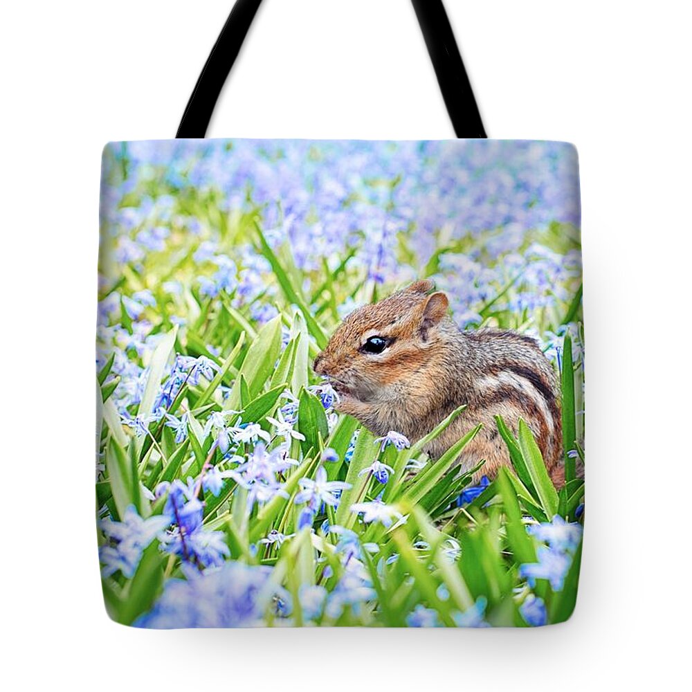 Chipmunk Tote Bag featuring the photograph Chipmunk on flowers by Top Wallpapers