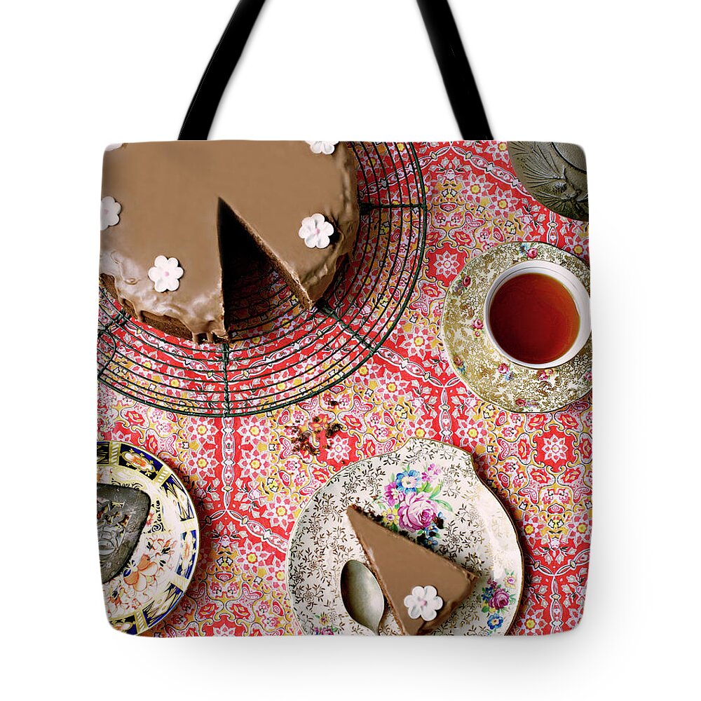 Unhealthy Eating Tote Bag featuring the photograph Chocolate Cake And Tea by Sharon Lapkin