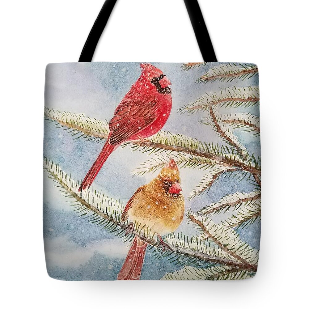Christmas Tote Bag featuring the painting Nothern Cardinals On Snowy Days by Jane Powell