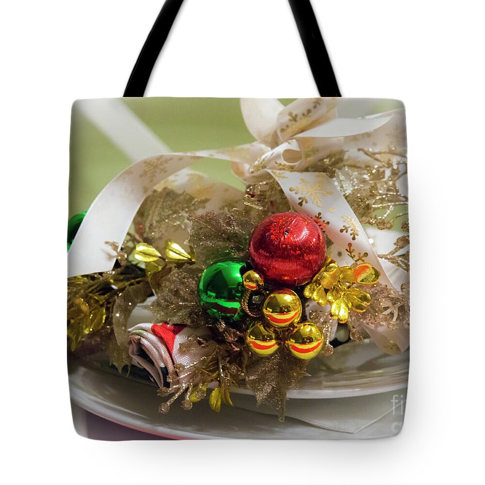 Christmas Tote Bag featuring the photograph Christmas table setting by Agnes Caruso