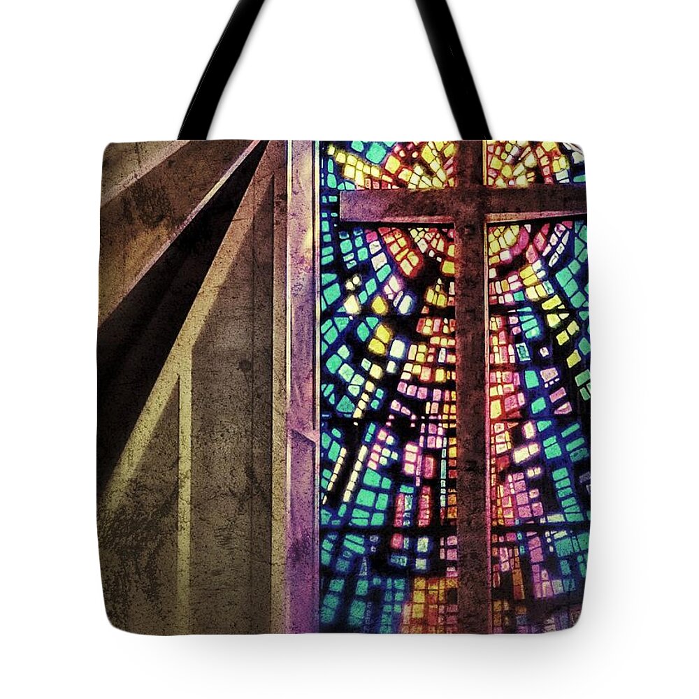 Stained Glass Cross Church Morning Sun Spirit Soul Hope Lent Tote Bag featuring the photograph Church morning sun by Nora Martinez