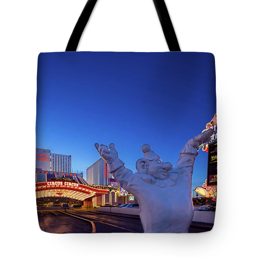 Circus Circus Tote Bag featuring the photograph Circus Circus Casino Sign and Sculpture Ultra Wide Shot at Dusk 2 to 1 Ratio by Aloha Art