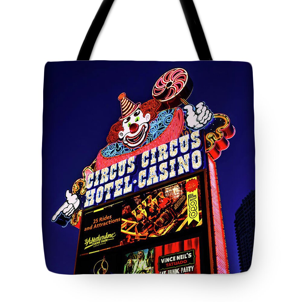 Circus Circus Tote Bag featuring the photograph Circus Circus Casino Sign at Dawn From the South by Aloha Art
