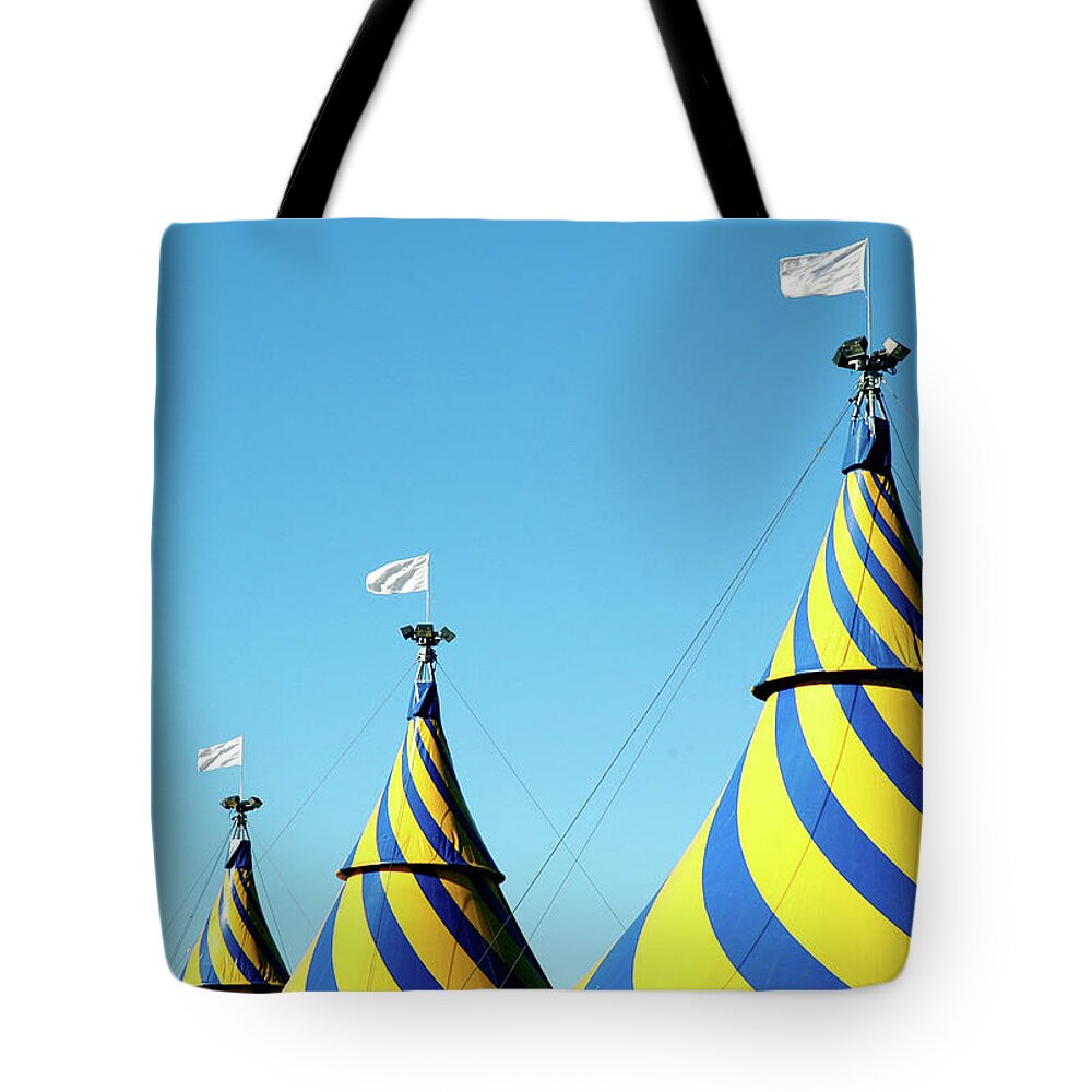 San Francisco Tote Bag featuring the photograph Circus Tents Against Blue Sky by Photo By Christopher Hall