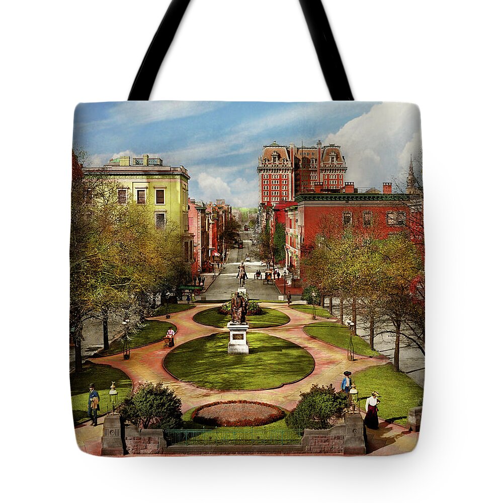 Baltimore Tote Bag featuring the photograph City - Baltimore MD - A walk in the park 1906 by Mike Savad