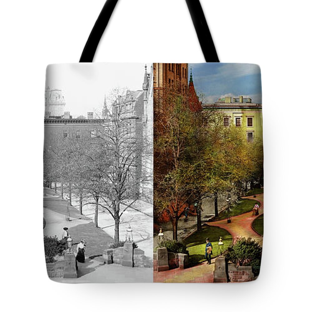 Baltimore Tote Bag featuring the photograph City - Baltimore MD - A walk in the park 1906 - Side by Side by Mike Savad