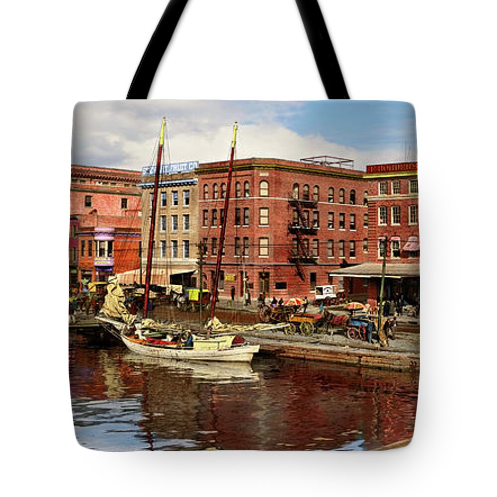 Panorama Tote Bag featuring the photograph City - Baltimore MD - Pratt St - The business district Panorama 1906 by Mike Savad
