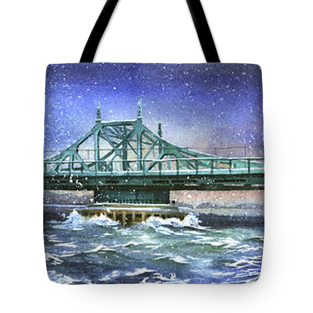 City Island Tote Bag featuring the painting City Island Bridge Winter by Marguerite Chadwick-Juner