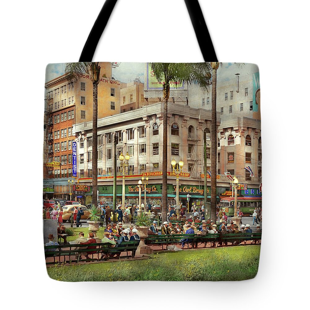 California Tote Bag featuring the photograph City - San Diego CA - A busy street corner 1941 by Mike Savad