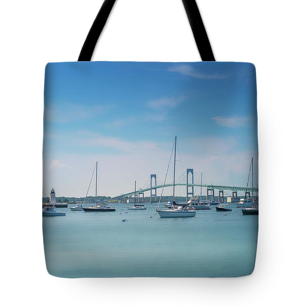 Estock Tote Bag featuring the digital art Claiborne Pell Bridge, Newport, Ri by Laura Zeid