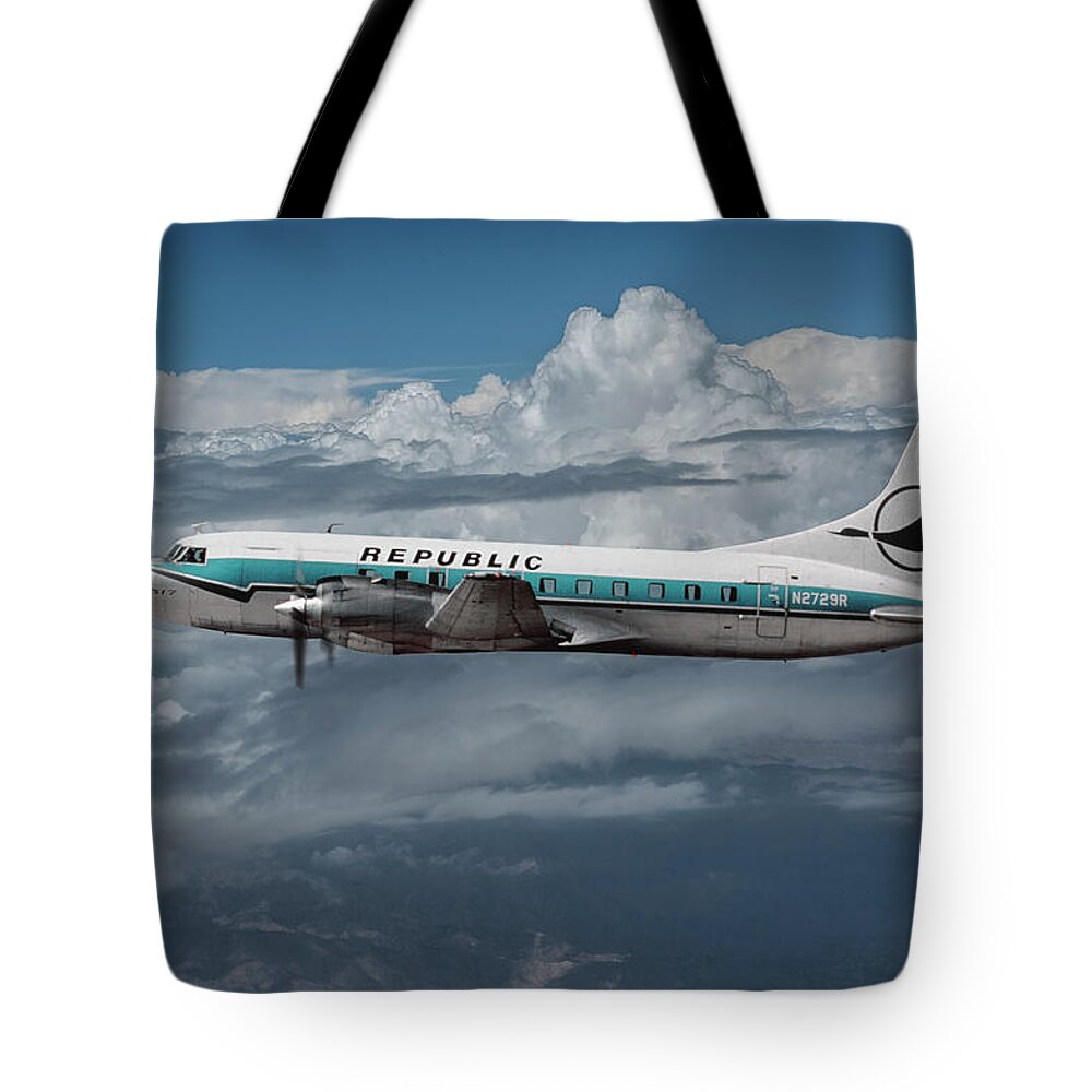 Republic Airlines Tote Bag featuring the mixed media Classic Republic Convair CV-580 by Erik Simonsen