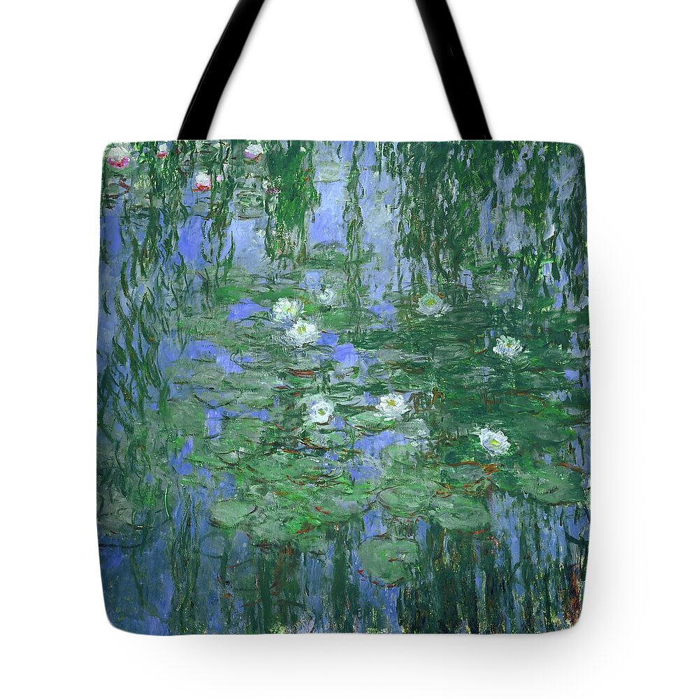 Claude Monet Tote Bag featuring the painting CLAUDE MONET Nympheas bleus Blue Water Lilies. Date/Period 1916 - 1919. Painting. Oil on canvas. by Claude Monet