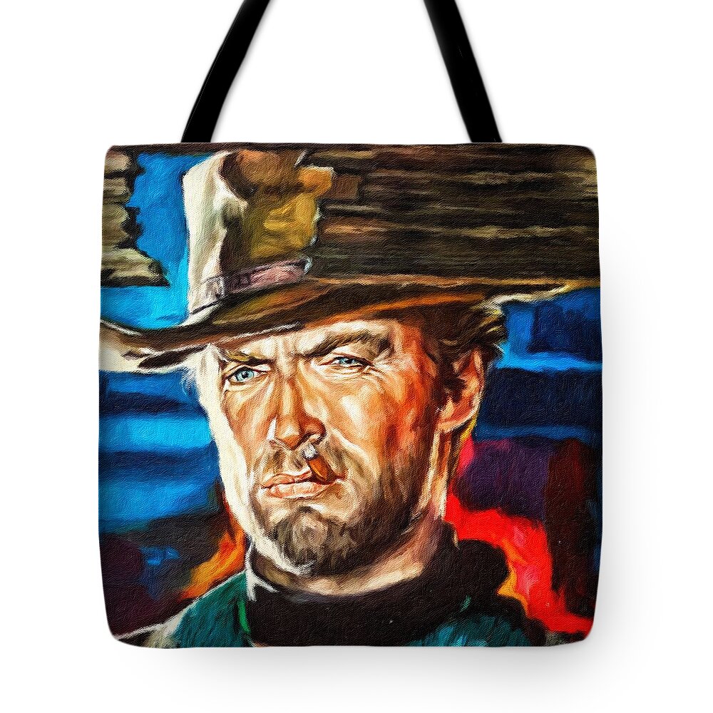 Clint Eastwood Tote Bag featuring the painting Clint Eastwood, portrait by Vincent Monozlay