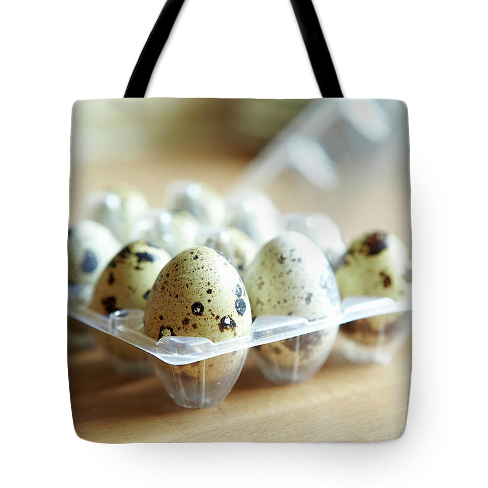 Large Group Of Objects Tote Bag featuring the photograph Close Up Of Carton Of Quail Eggs by Debby Lewis-harrison