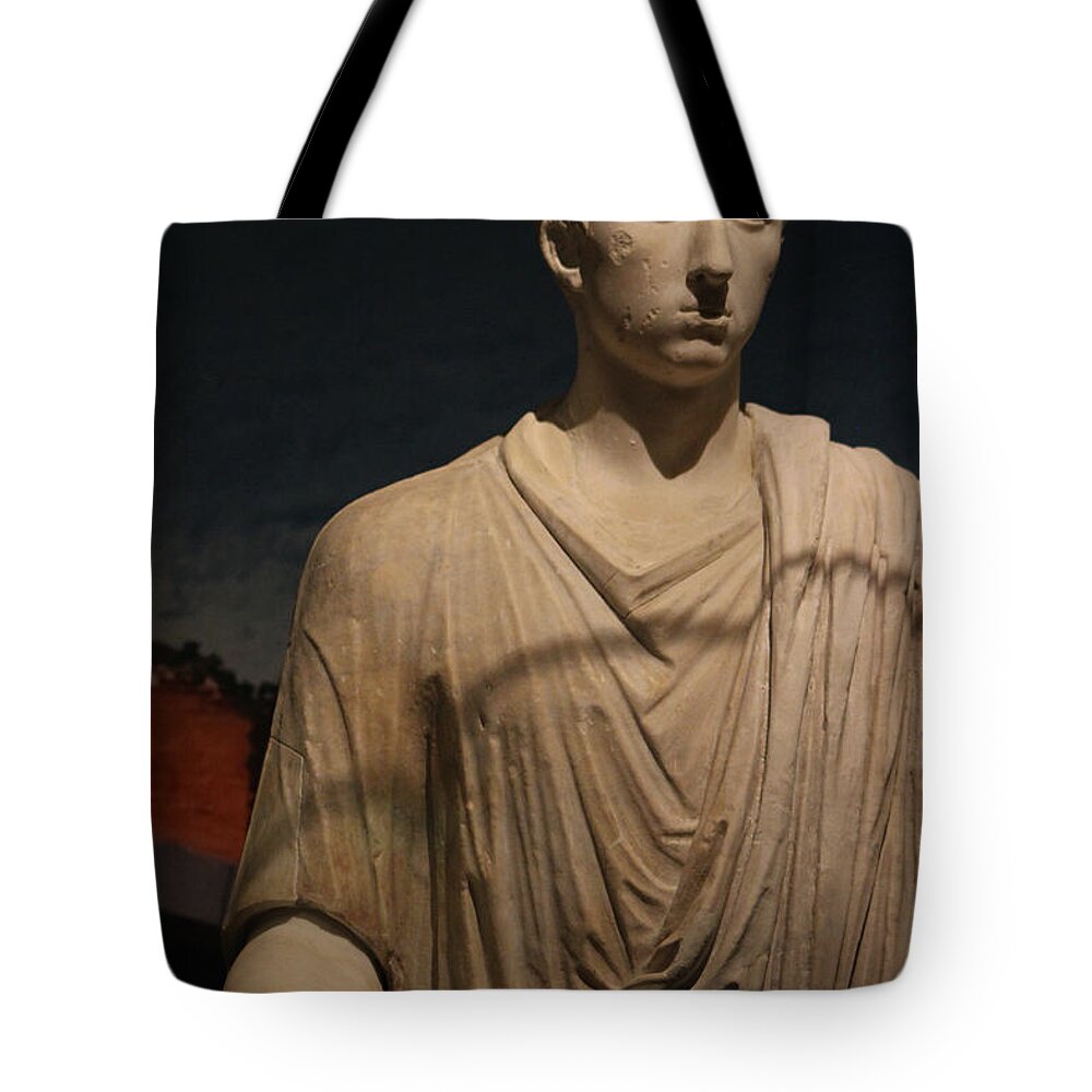 Marble Statue Tote Bag featuring the photograph Closeup of Marble Statue of Man Pompeii Exhibit 2 by Colleen Cornelius