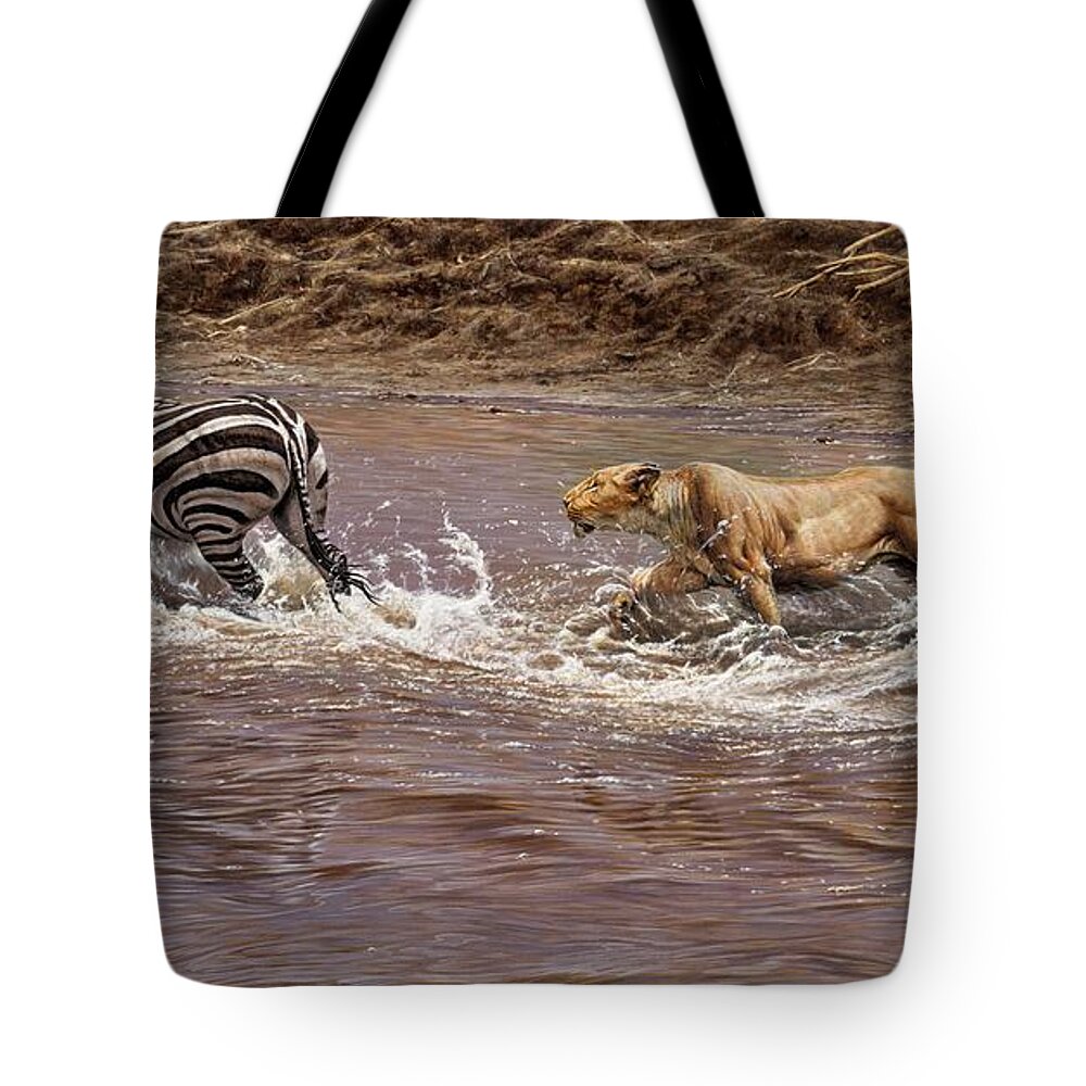 Paintings Tote Bag featuring the painting Closing In - Lion Chasing a Zebra by Alan M Hunt
