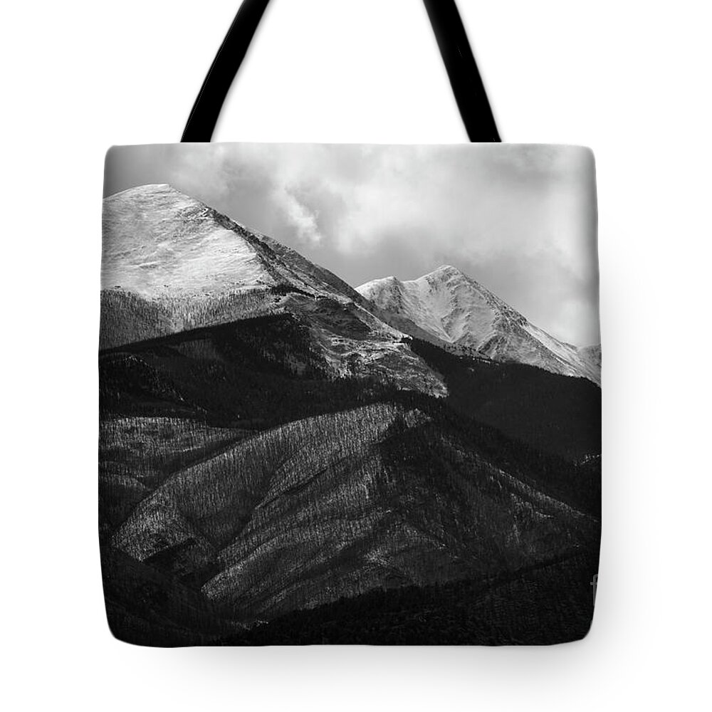 Sangre De Cristo Tote Bag featuring the photograph Clouds and Fog on the Sangre de Cristo monochrome by Steven Krull