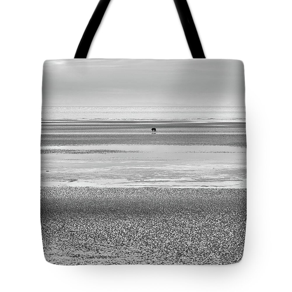 Bear Tote Bag featuring the photograph Coastal Brown Bear on a Beach in Monochrome by Mark Hunter