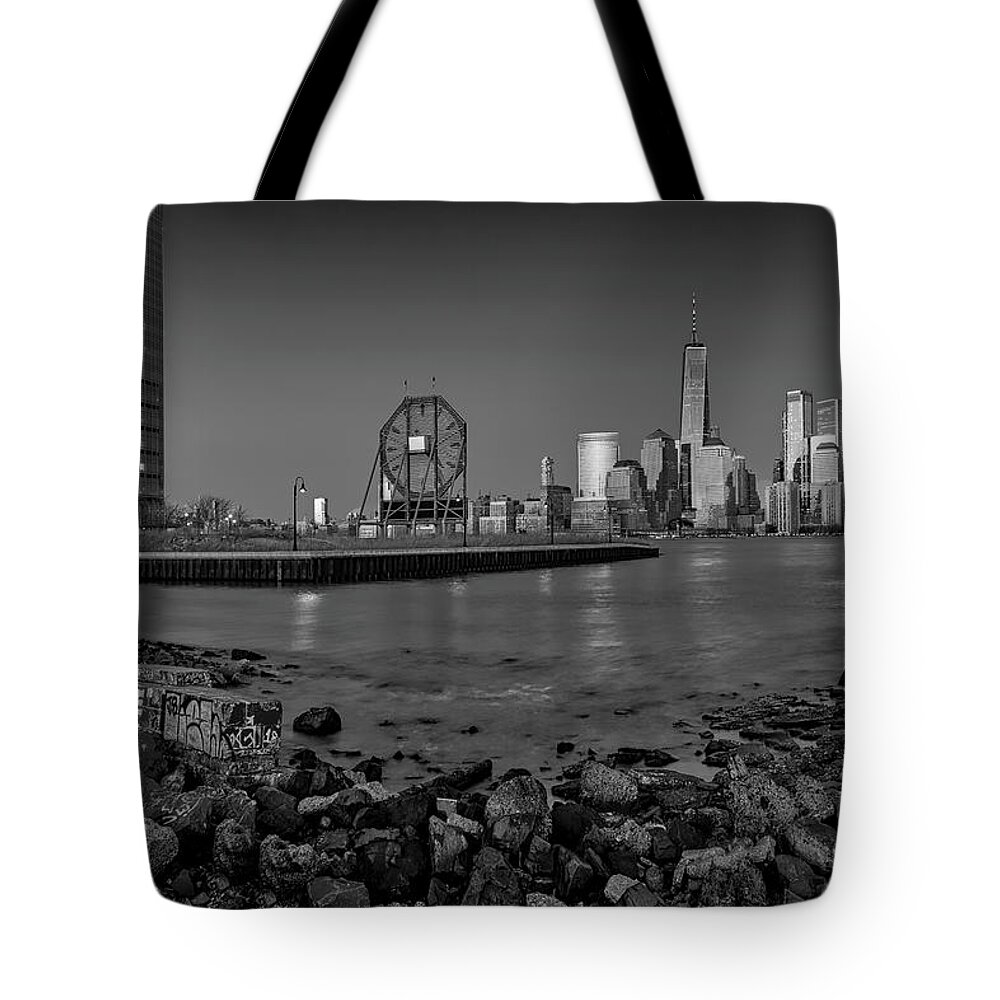 Freedom Tower Tote Bag featuring the photograph Colgate Clock and NYC Skyline BW by Susan Candelario